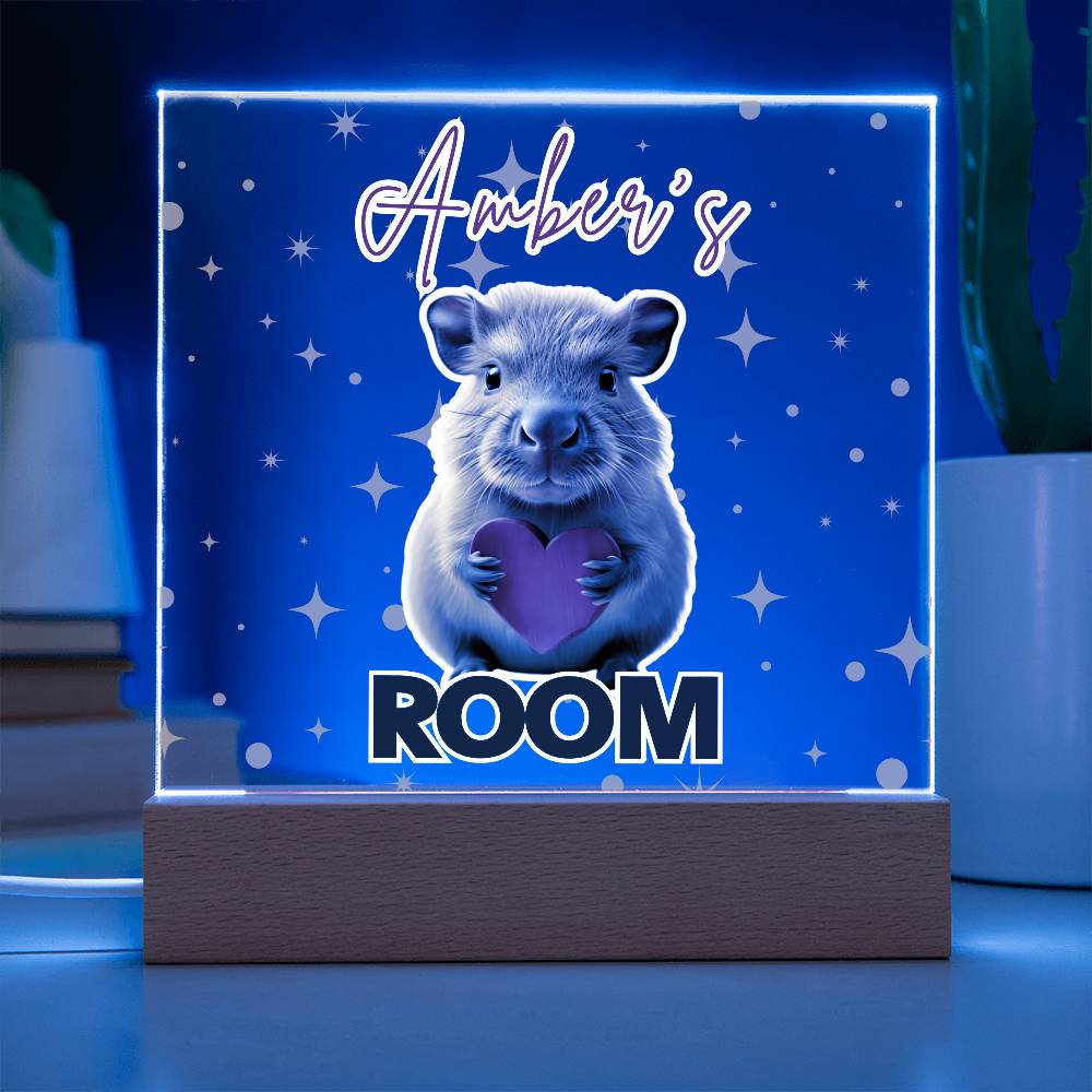 Personalized Baby Capybara LED Room Sign – Custom Name Acrylic Plaque with Wooden Base and multi-color light and display options