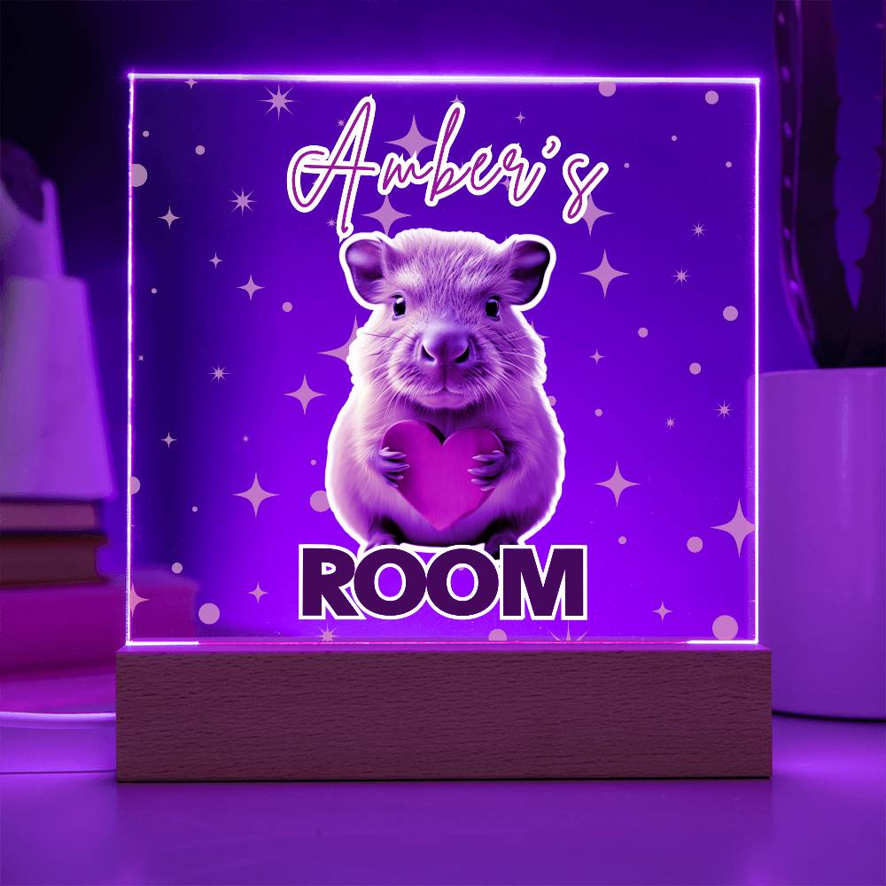 Personalized Baby Capybara LED Room Sign – Custom Name Acrylic Plaque with Wooden Base and multi-color light and display options