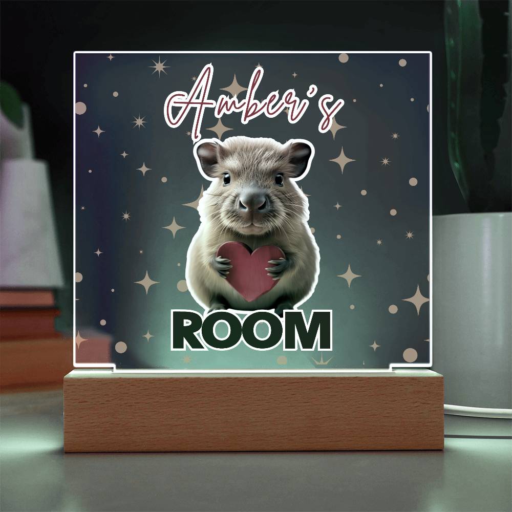 Personalized Baby Capybara LED Room Sign – Custom Name Acrylic Plaque with Wooden Base and multi-color light and display options