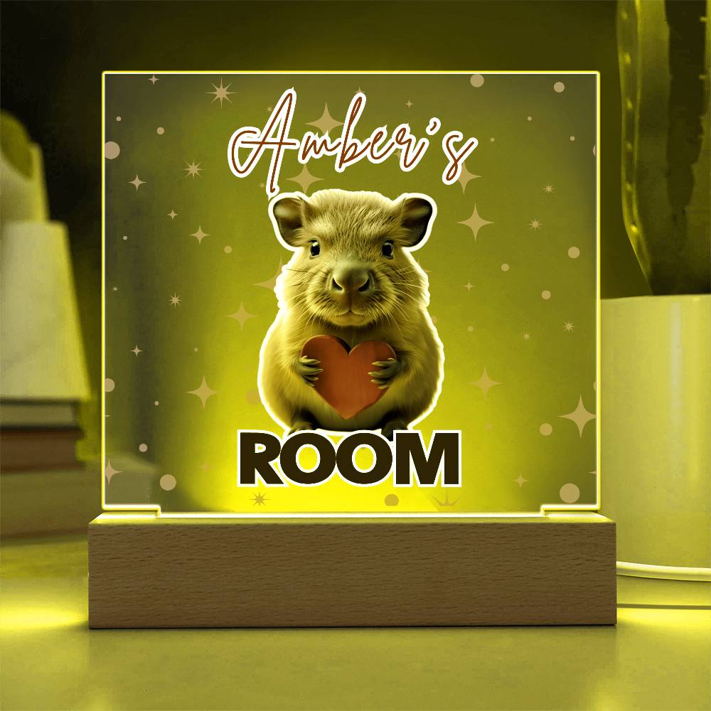 Personalized Baby Capybara LED Room Sign – Custom Name Acrylic Plaque with Wooden Base and multi-color light and display options