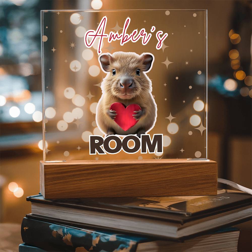 Personalized Baby Capybara LED Room Sign – Custom Name Acrylic Plaque with Wooden Base and multi-color light and display options