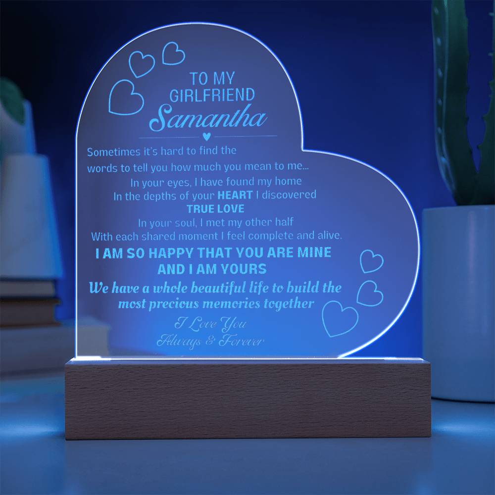 Personalized Engraved Heart Plaque for your girlfriend- with LED base