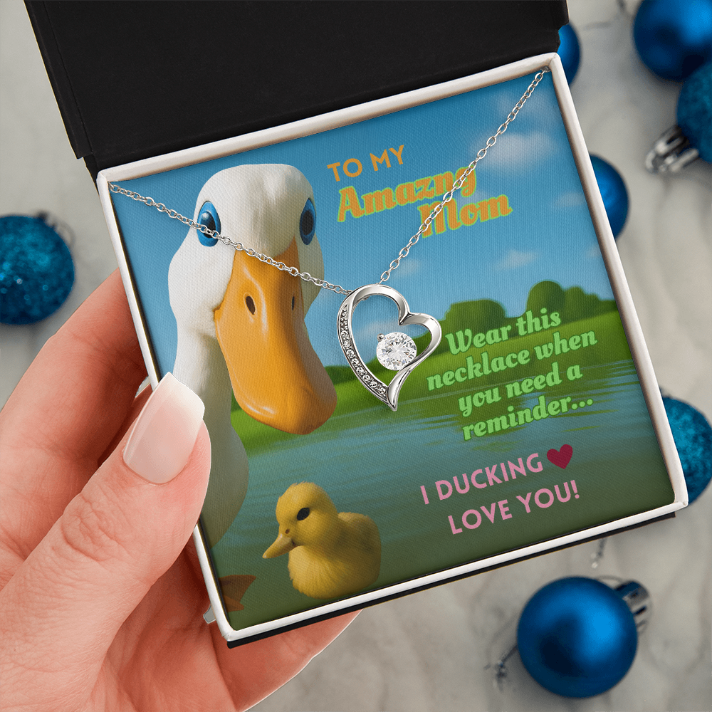 Funny Duck Necklace for Mom – Forever Love Heart Pendant Gift with 'I DUCKING LOVE YOU' Message Card