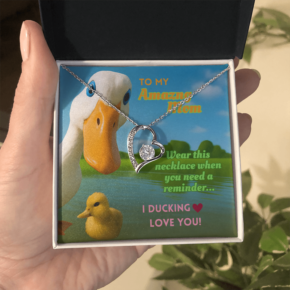 Funny Duck Necklace for Mom – Forever Love Heart Pendant Gift with 'I DUCKING LOVE YOU' Message Card