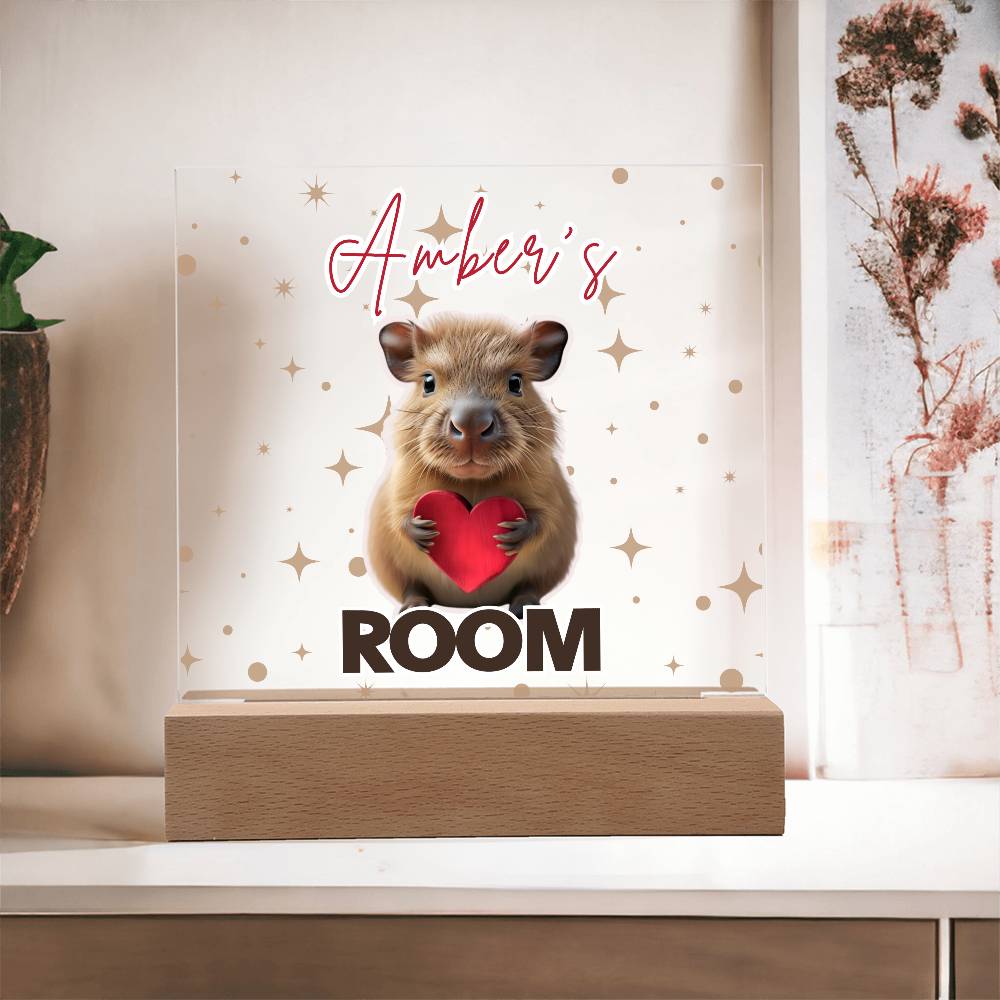 Personalized Baby Capybara LED Room Sign – Custom Name Acrylic Plaque with Wooden Base and multi-color light and display options