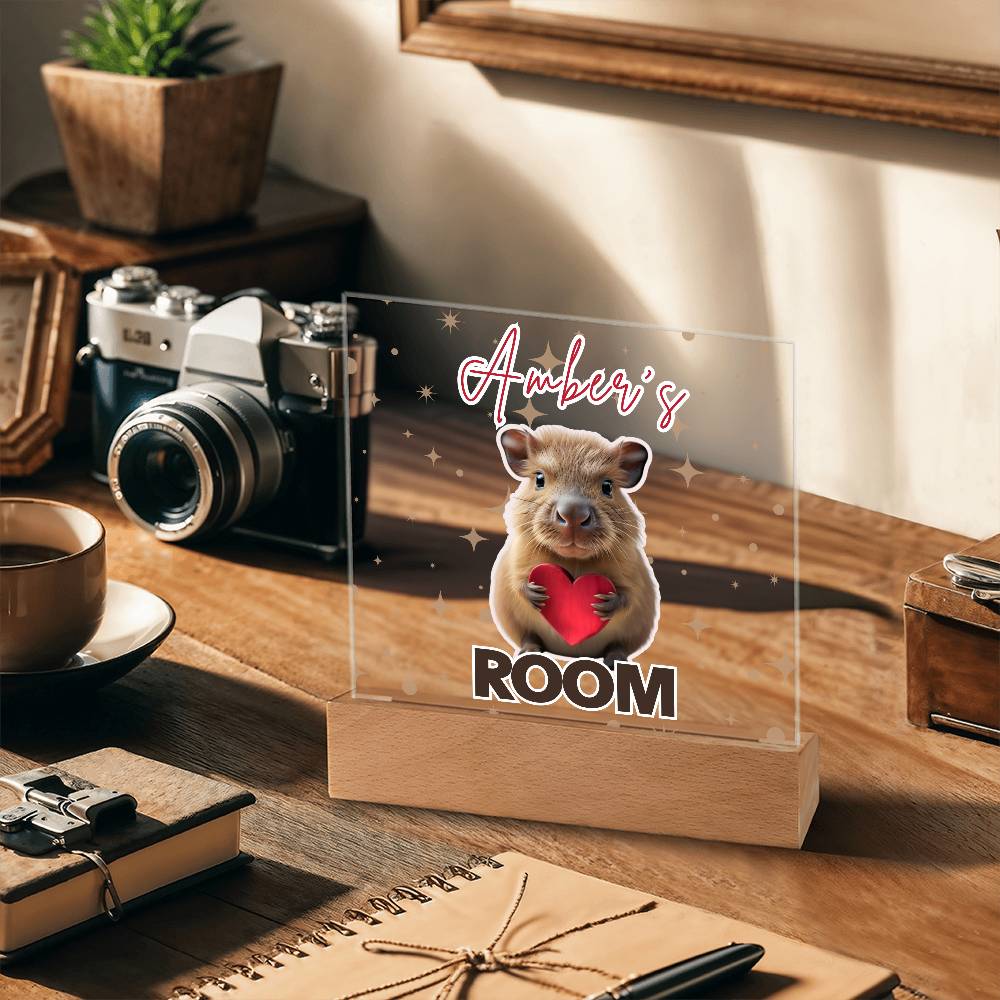 Personalized Baby Capybara LED Room Sign – Custom Name Acrylic Plaque with Wooden Base and multi-color light and display options
