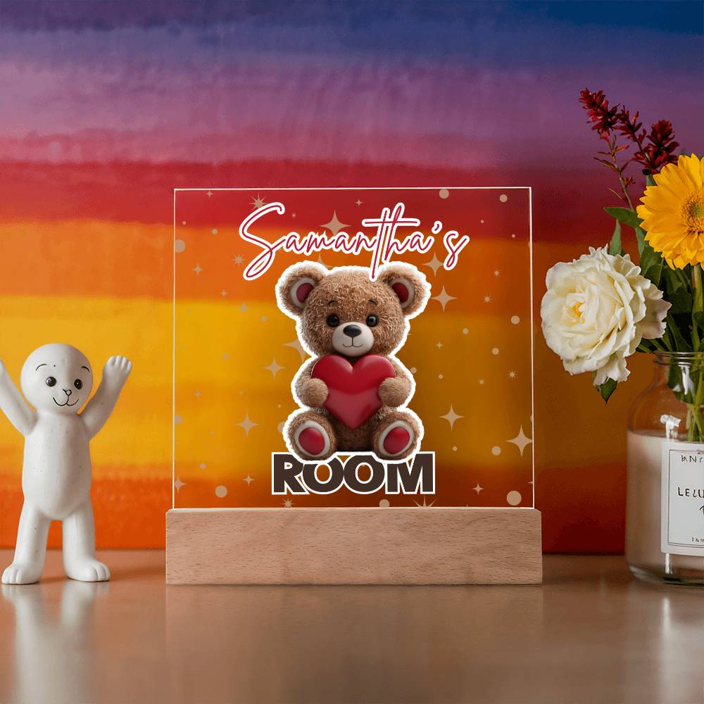 Personalized Teddy Bear Room Sign-Custom name multi-color options LED light up sign for bedroom or dorm room.
