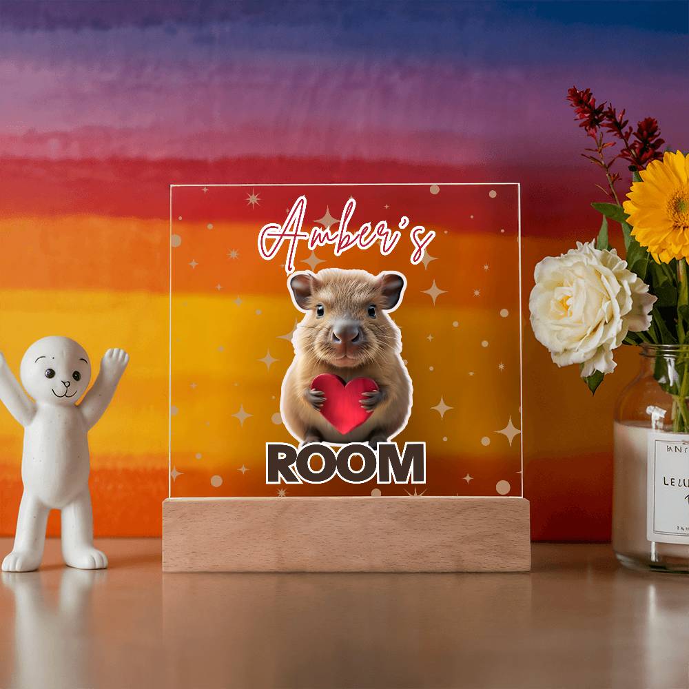 Personalized Baby Capybara LED Room Sign – Custom Name Acrylic Plaque with Wooden Base and multi-color light and display options