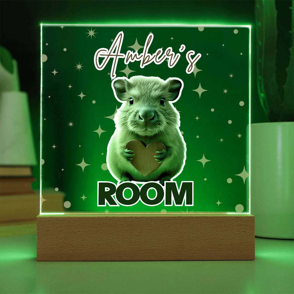 Personalized Baby Capybara LED Room Sign – Custom Name Acrylic Plaque with Wooden Base and multi-color light and display options