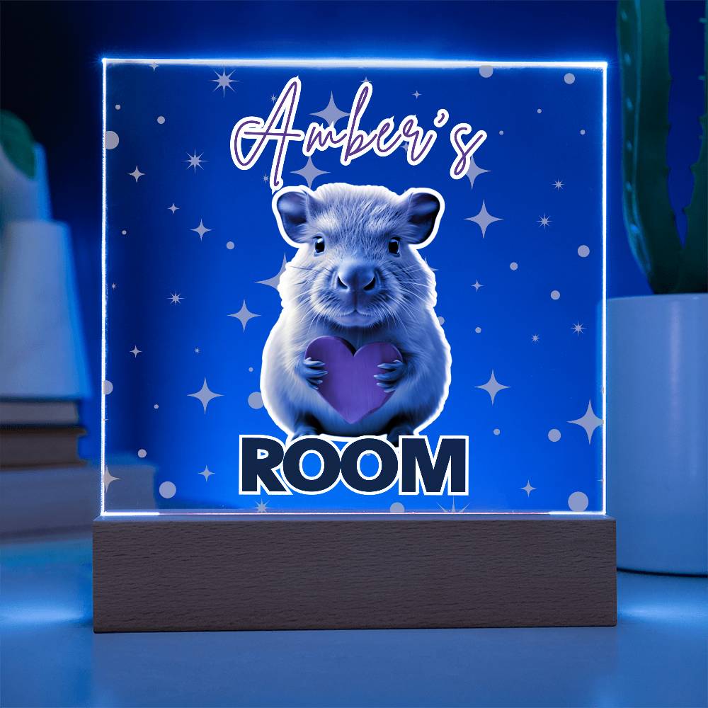 Personalized Baby Capybara LED Room Sign – Custom Name Acrylic Plaque with Wooden Base and multi-color light and display options