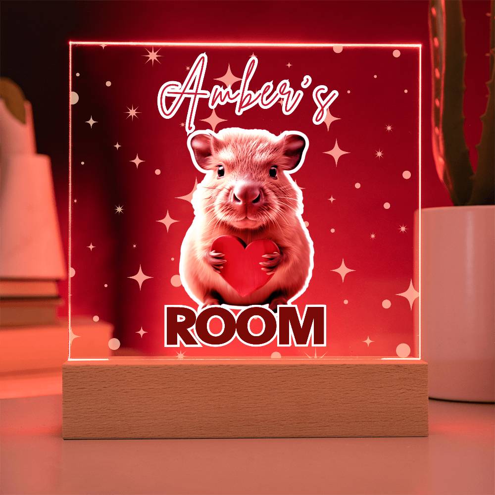 Personalized Baby Capybara LED Room Sign – Custom Name Acrylic Plaque with Wooden Base and multi-color light and display options