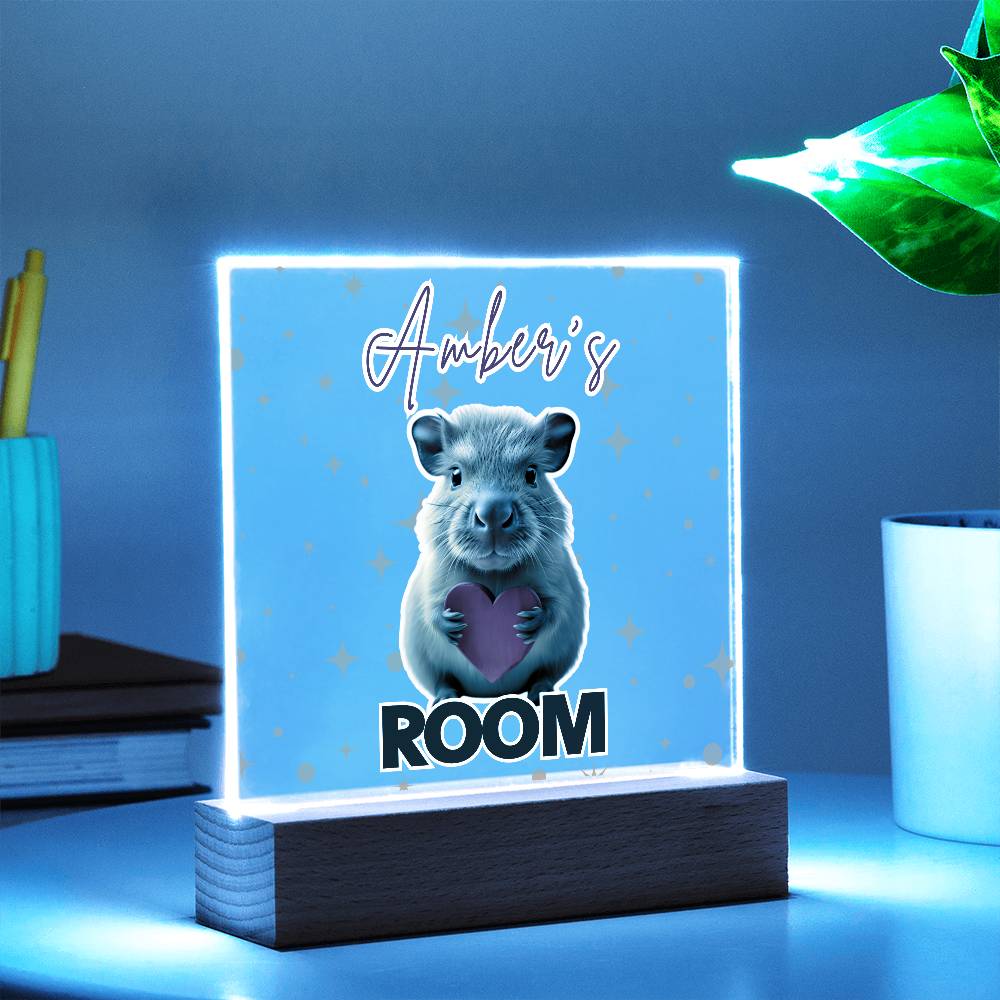 Personalized Baby Capybara LED Room Sign – Custom Name Acrylic Plaque with Wooden Base and multi-color light and display options