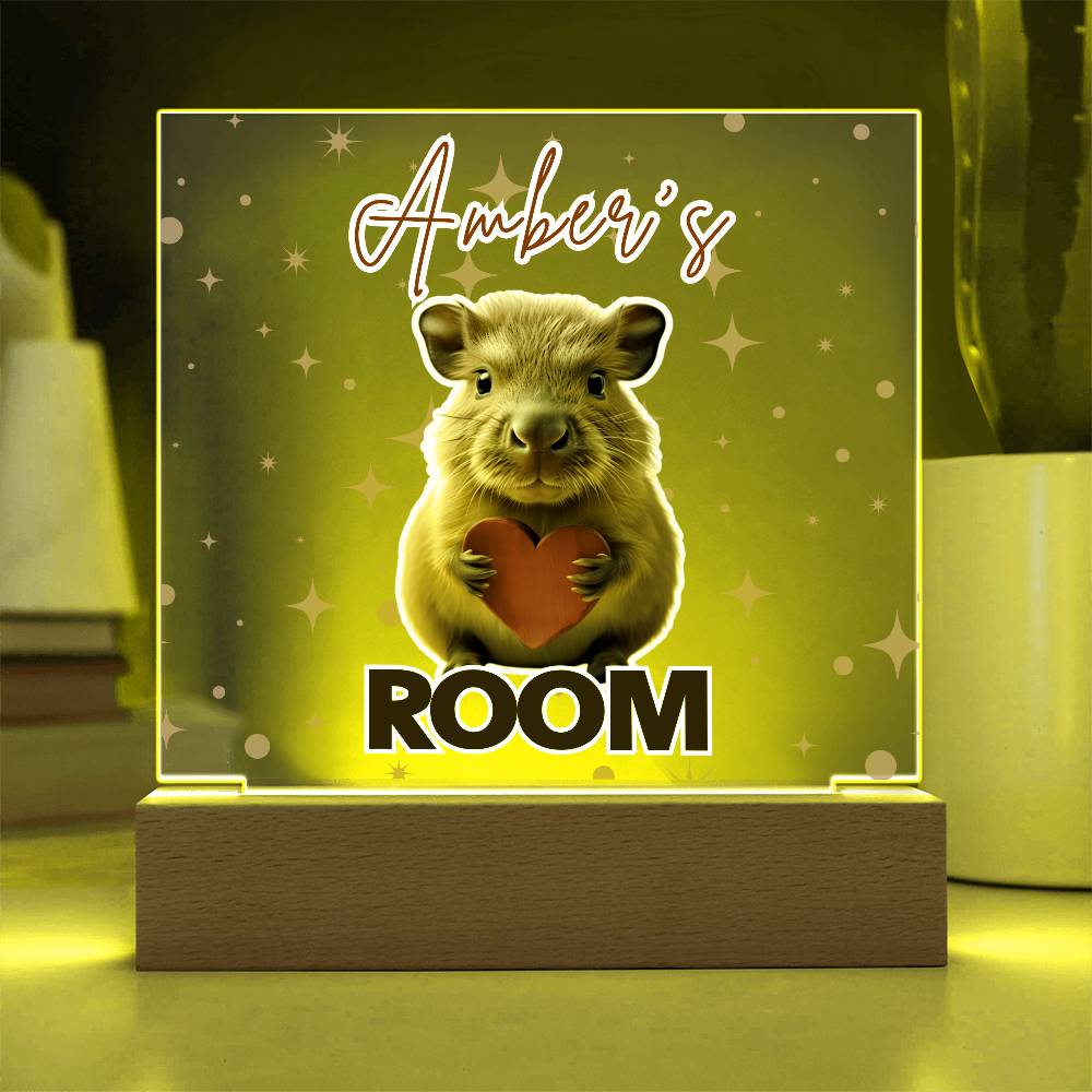 Personalized Baby Capybara LED Room Sign – Custom Name Acrylic Plaque with Wooden Base and multi-color light and display options
