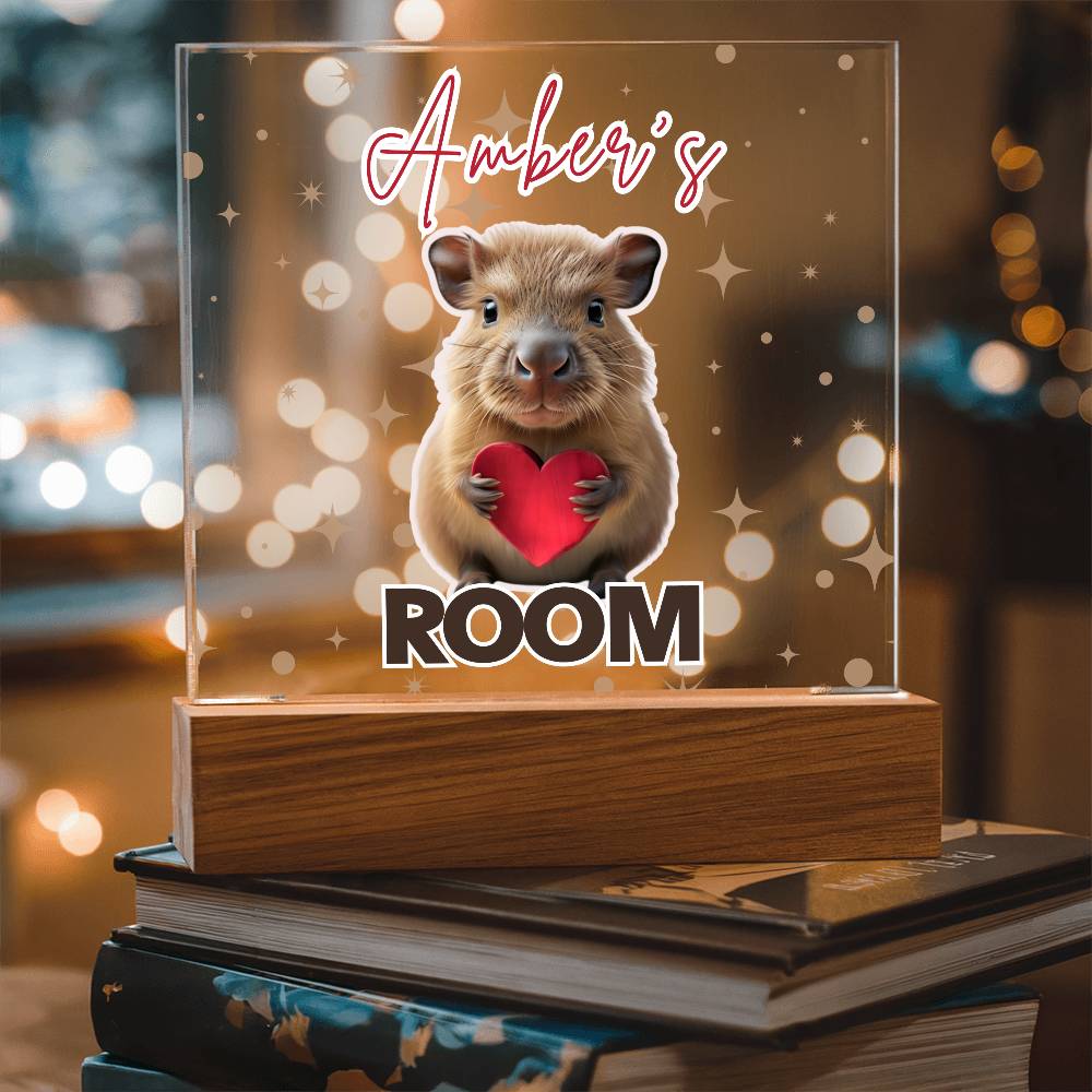 Personalized Baby Capybara LED Room Sign – Custom Name Acrylic Plaque with Wooden Base and multi-color light and display options
