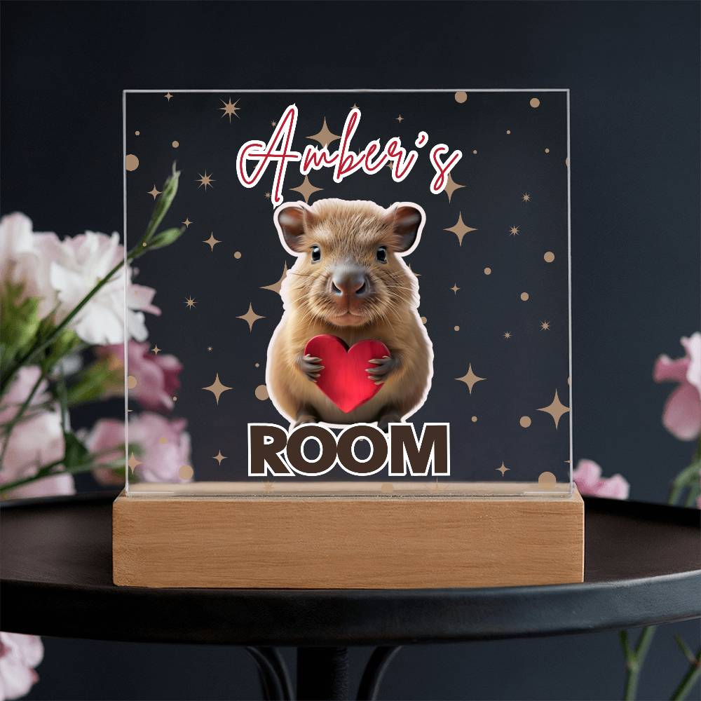 Personalized Baby Capybara LED Room Sign – Custom Name Acrylic Plaque with Wooden Base and multi-color light and display options