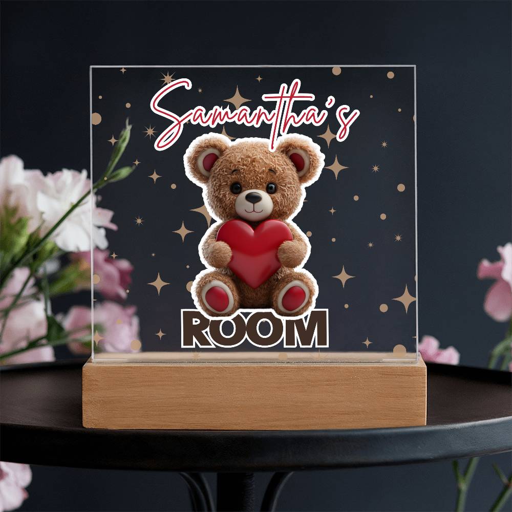Personalized Teddy Bear Room Sign-Custom name multi-color options LED light up sign for bedroom or dorm room.