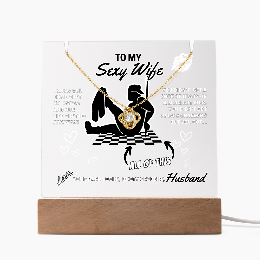 Love Knot Necklace, choice of white or yellow gold on funny 'Sexy Wife' LED lighted sign