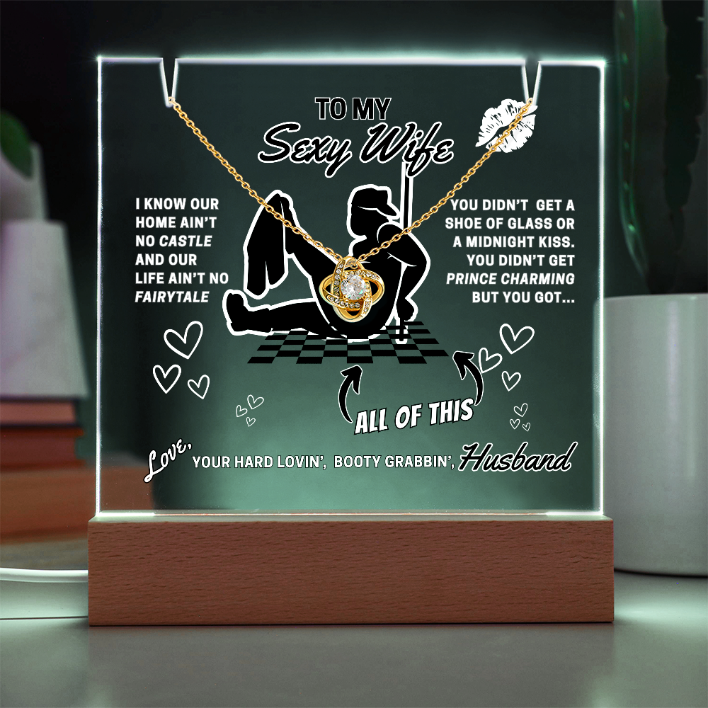 Love Knot Necklace, choice of white or yellow gold on funny 'Sexy Wife' LED lighted sign