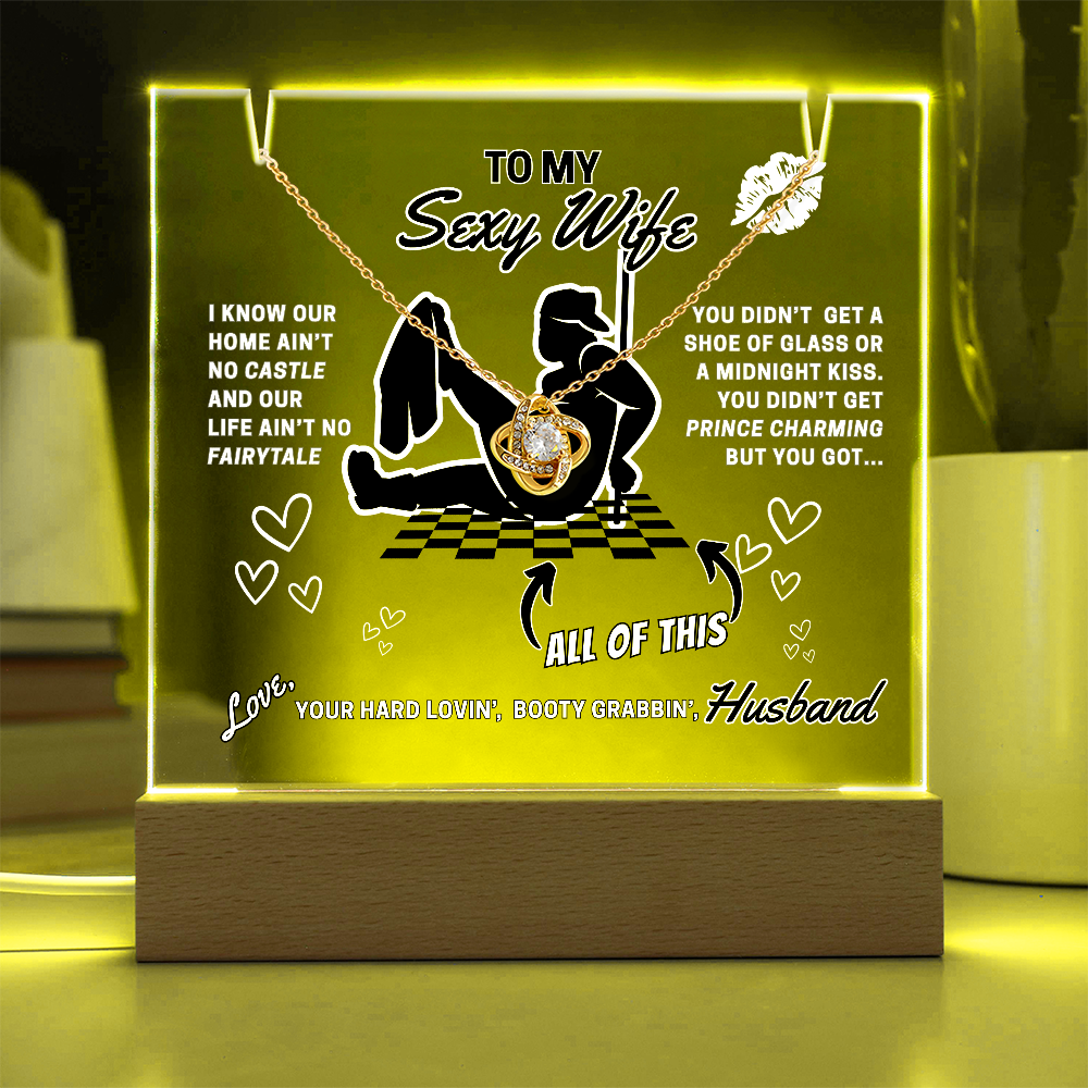 Love Knot Necklace, choice of white or yellow gold on funny 'Sexy Wife' LED lighted sign