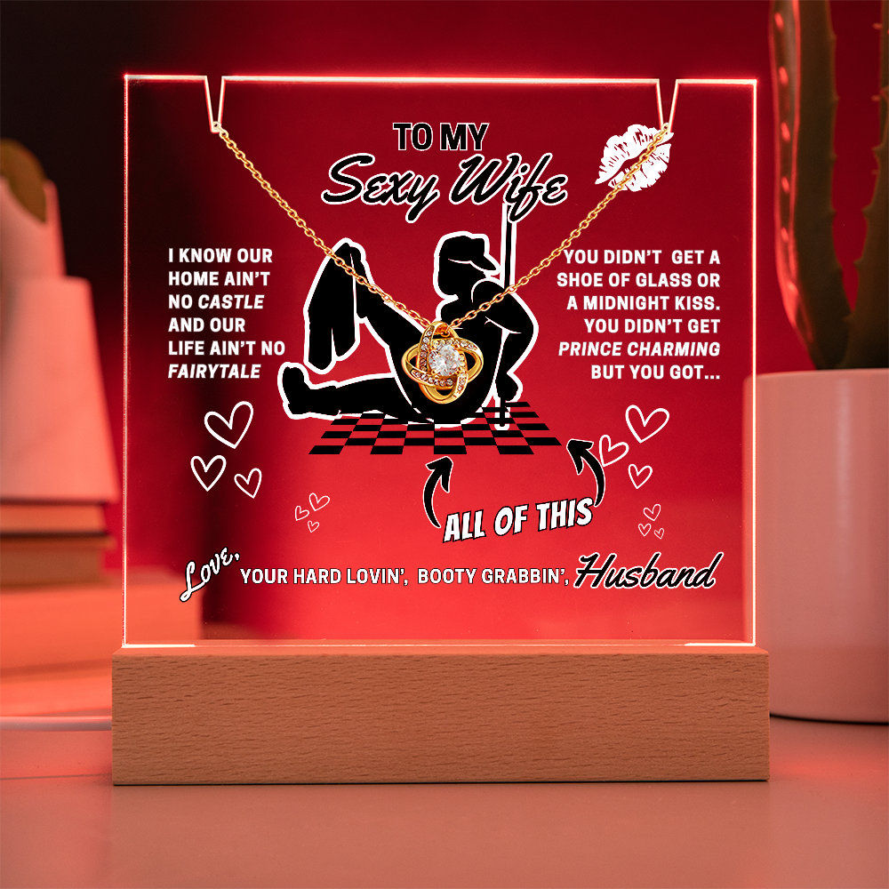 Love Knot Necklace, choice of white or yellow gold on funny 'Sexy Wife' LED lighted sign