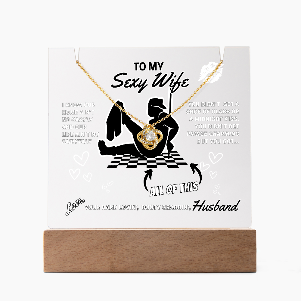 Love Knot Necklace, choice of white or yellow gold on funny 'Sexy Wife' LED lighted sign