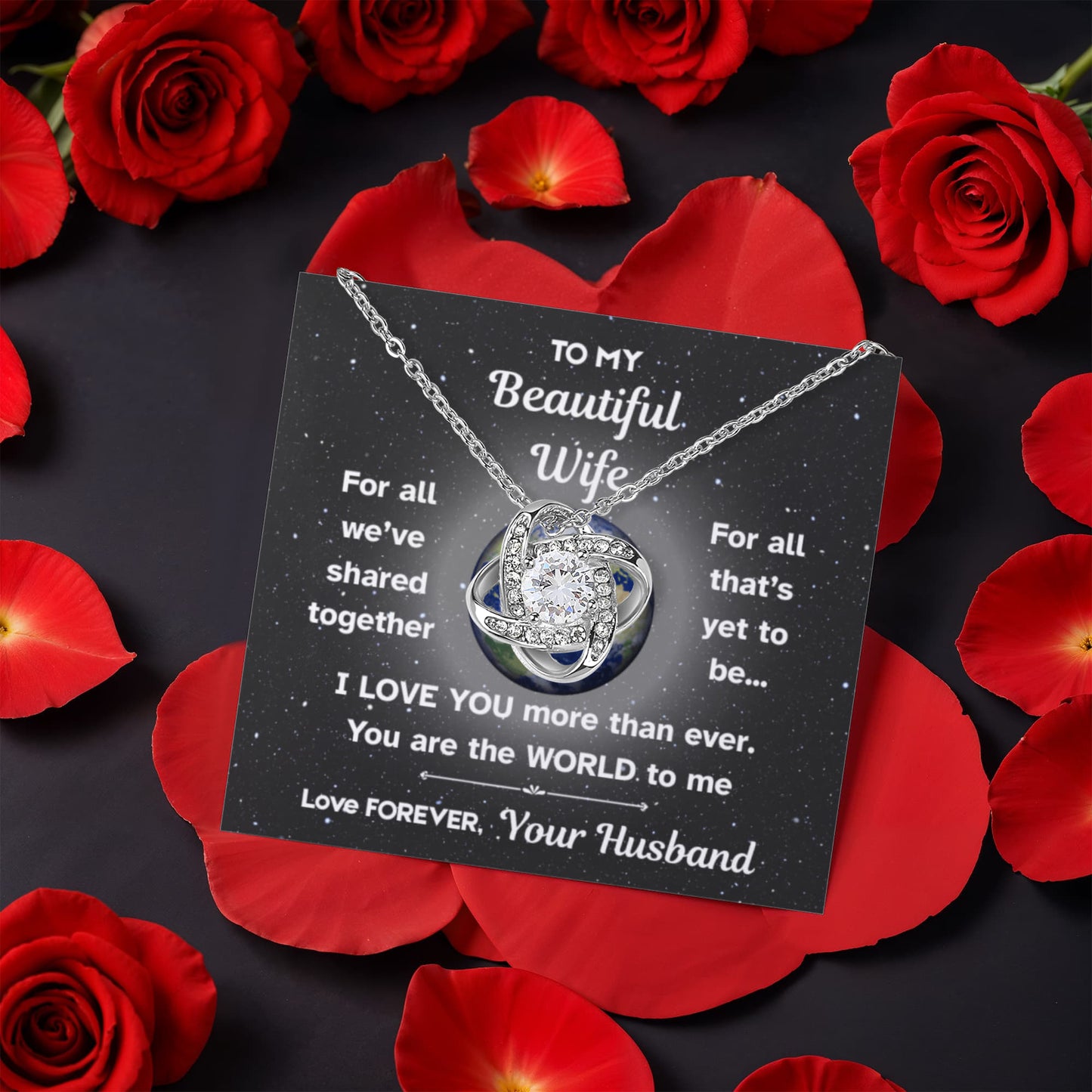 💖To My Beautiful Wife – Love Knot Necklace in Preserved Rose Box | Romantic Gift from Husband