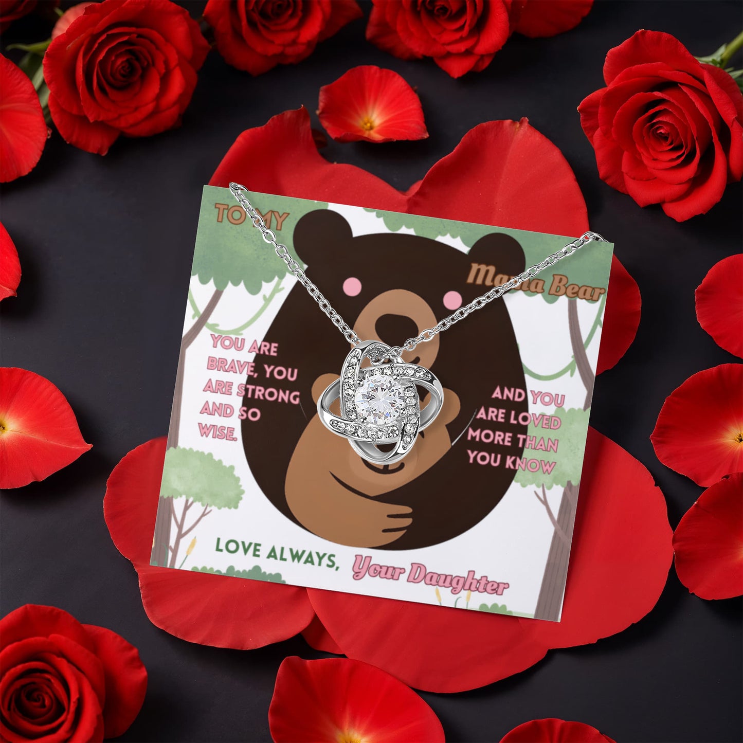 To My Mama Bear – Luxury Love Knot Necklace with Message Card & Rotating Eternal Rose Box