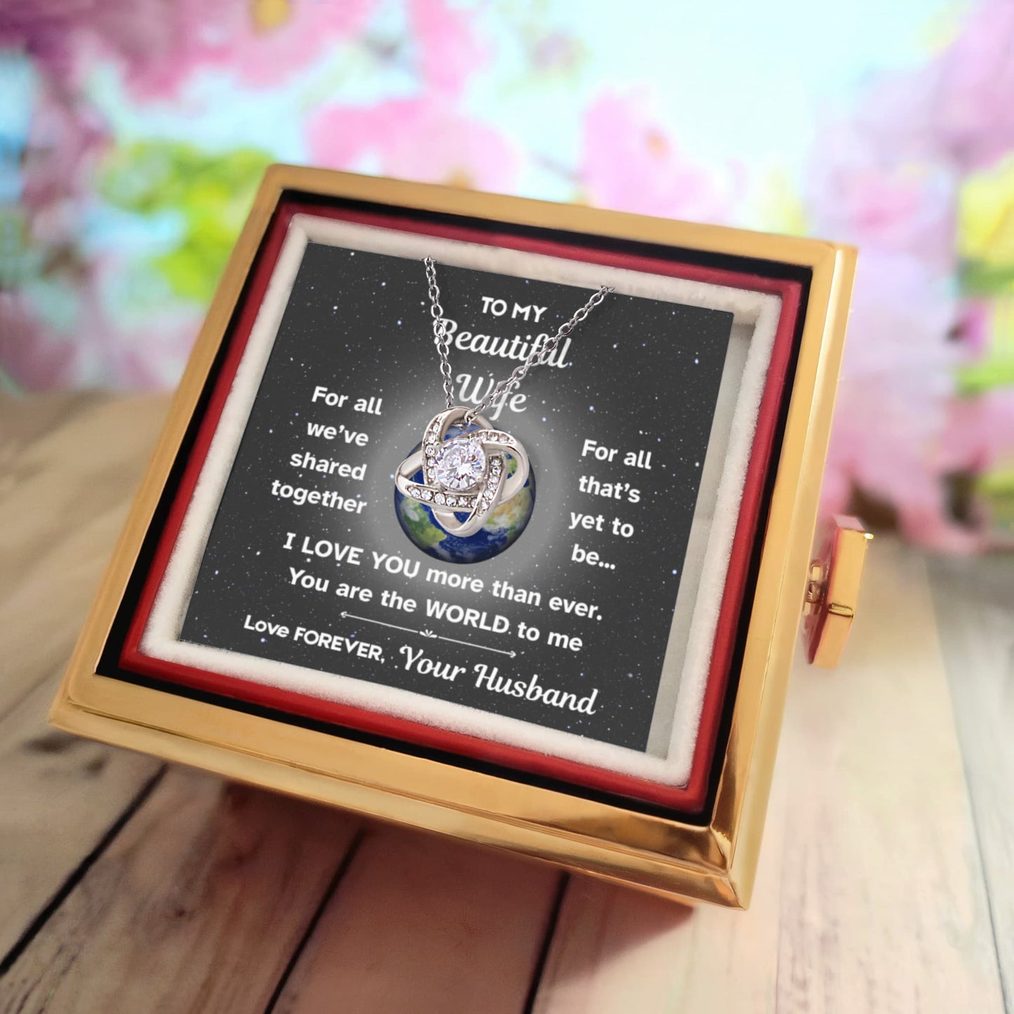 💖To My Beautiful Wife – Love Knot Necklace in Preserved Rose Box | Romantic Gift from Husband