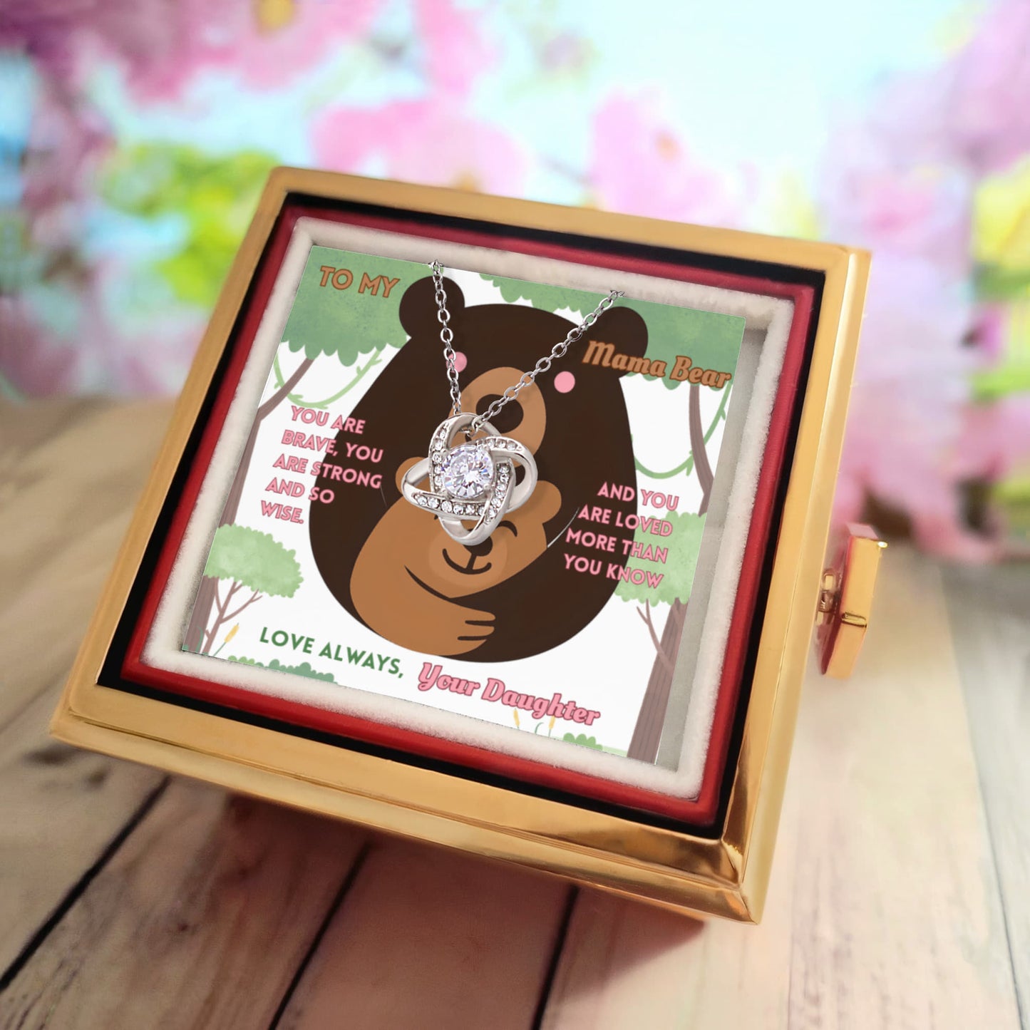 To My Mama Bear – Luxury Love Knot Necklace with Message Card & Rotating Eternal Rose Box
