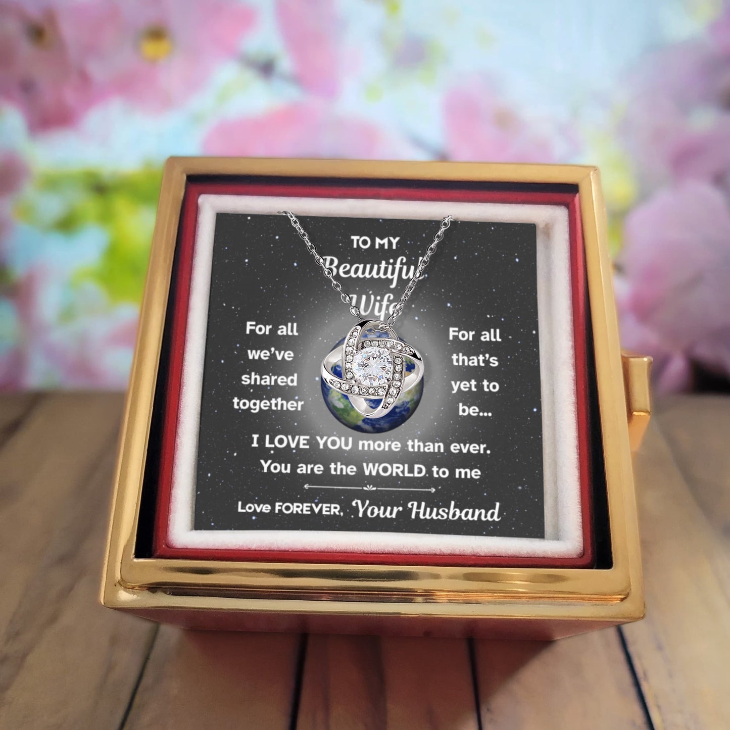 💖To My Beautiful Wife – Love Knot Necklace in Preserved Rose Box | Romantic Gift from Husband