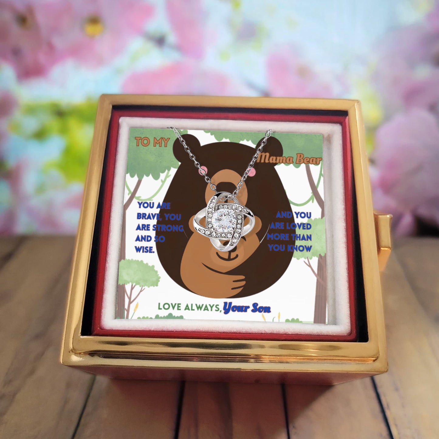Mama Bear Love Knot Necklace – Sentimental Gift for Mom from Son with amazing Rotating Eternal Rose Box