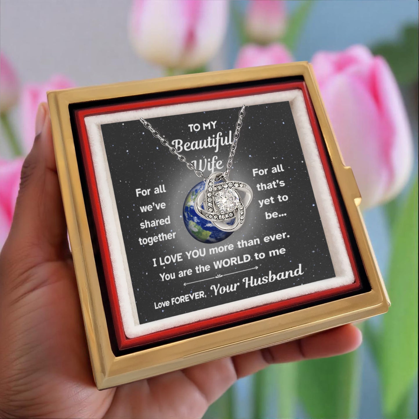 💖To My Beautiful Wife – Love Knot Necklace in Preserved Rose Box | Romantic Gift from Husband