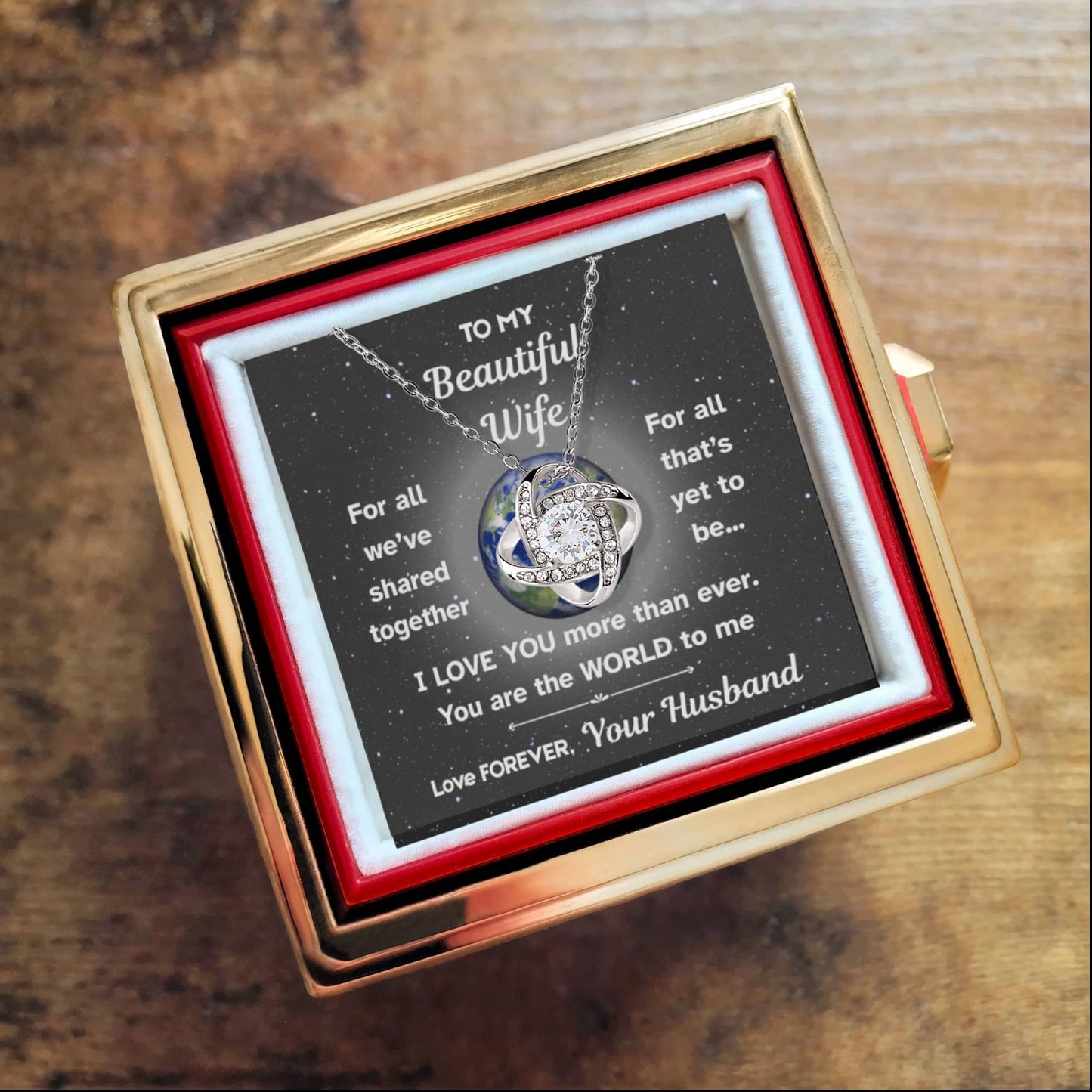 💖To My Beautiful Wife – Love Knot Necklace in Preserved Rose Box | Romantic Gift from Husband