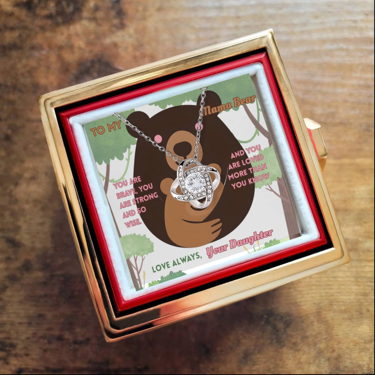 To My Mama Bear – Luxury Love Knot Necklace with Message Card & Rotating Eternal Rose Box