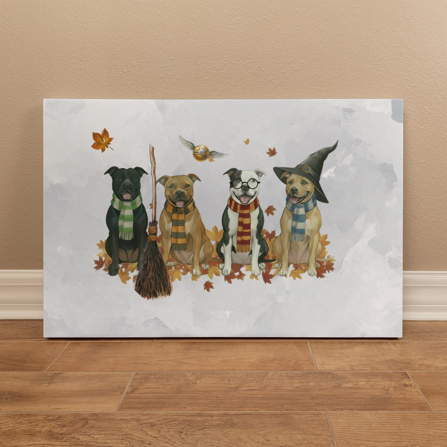 Pit Bull Wizards of Hogwarts Wall Art. Gryffindor, Slytherin, Hufflepuff, Ravenclaw pitbulls. Dog lover gift for Potter fans. Staffy dogs