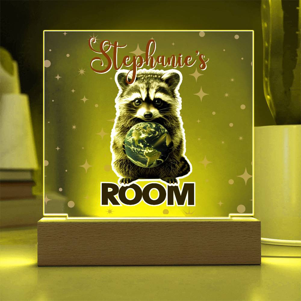 Custom Name Acrylic Room Sign with Light-Up Base. Raccoon, Fox, Teddy bear, Capybara or Opossum. Dorm or kid's room!