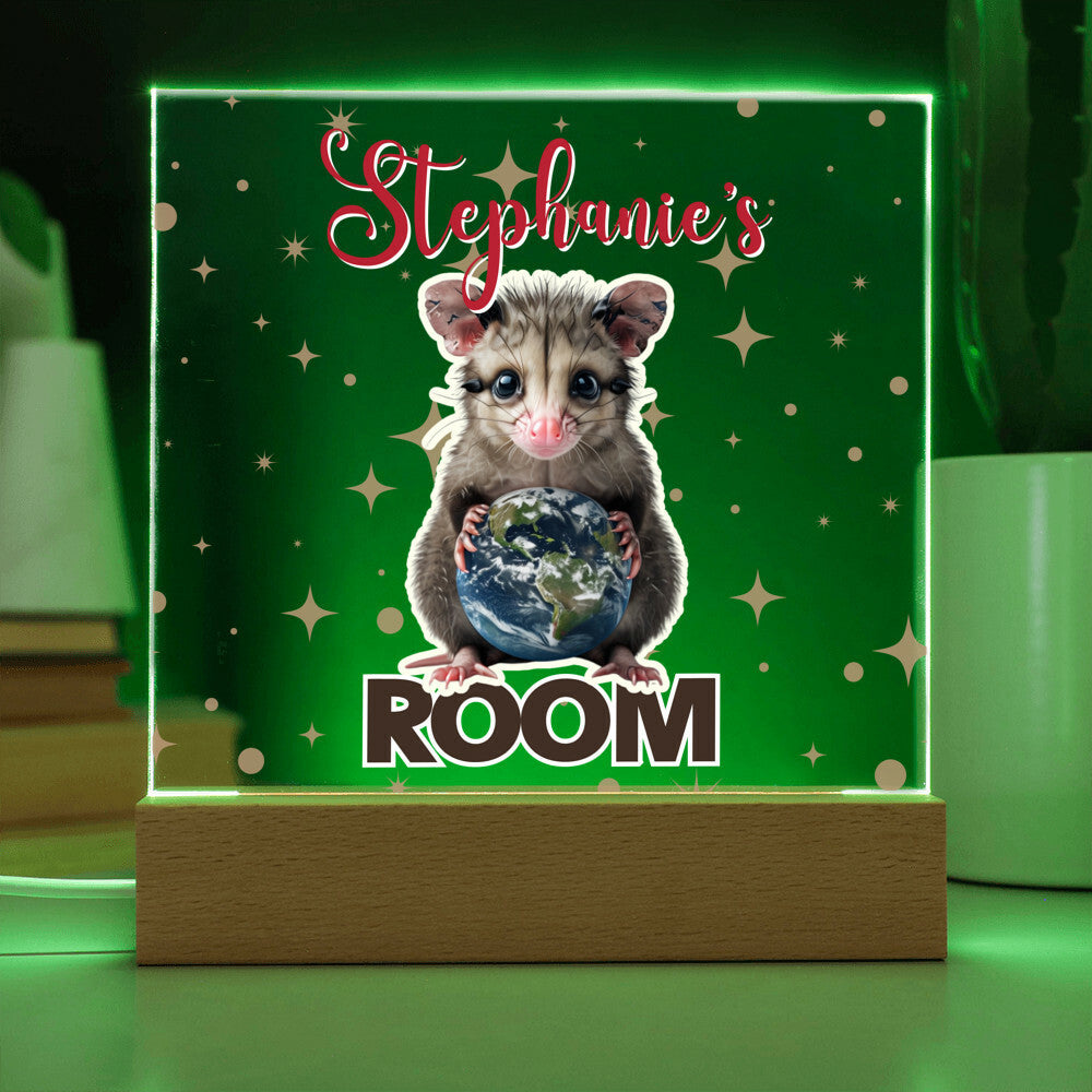 Custom Name Acrylic Room Sign with Light-Up Base. Raccoon, Fox, Teddy bear, Capybara or Opossum. Dorm or kid's room!
