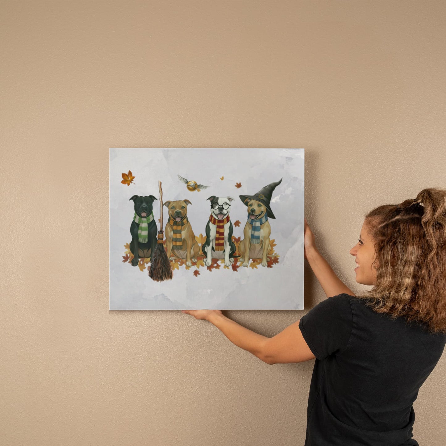 Pit Bull Wizards of Hogwarts Wall Art. Gryffindor, Slytherin, Hufflepuff, Ravenclaw pitbulls. Dog lover gift for Potter fans. Staffy dogs