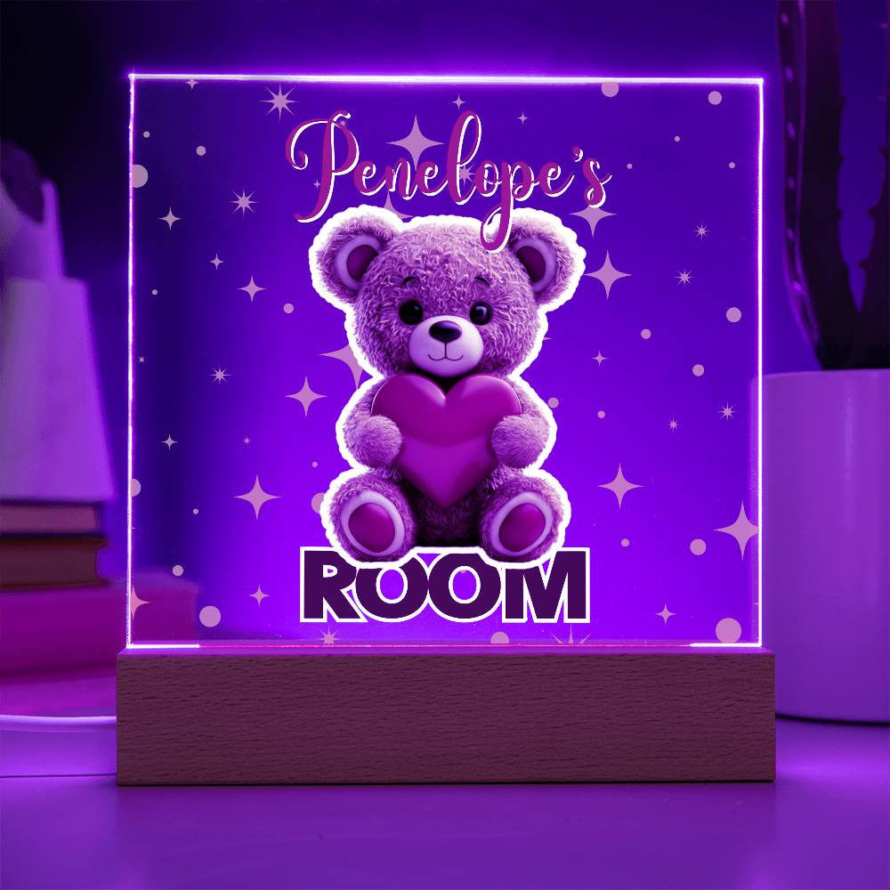 Custom Name Acrylic Room Sign with Light-Up Base. Raccoon, Fox, Teddy bear, Capybara or Opossum. Dorm or kid's room!