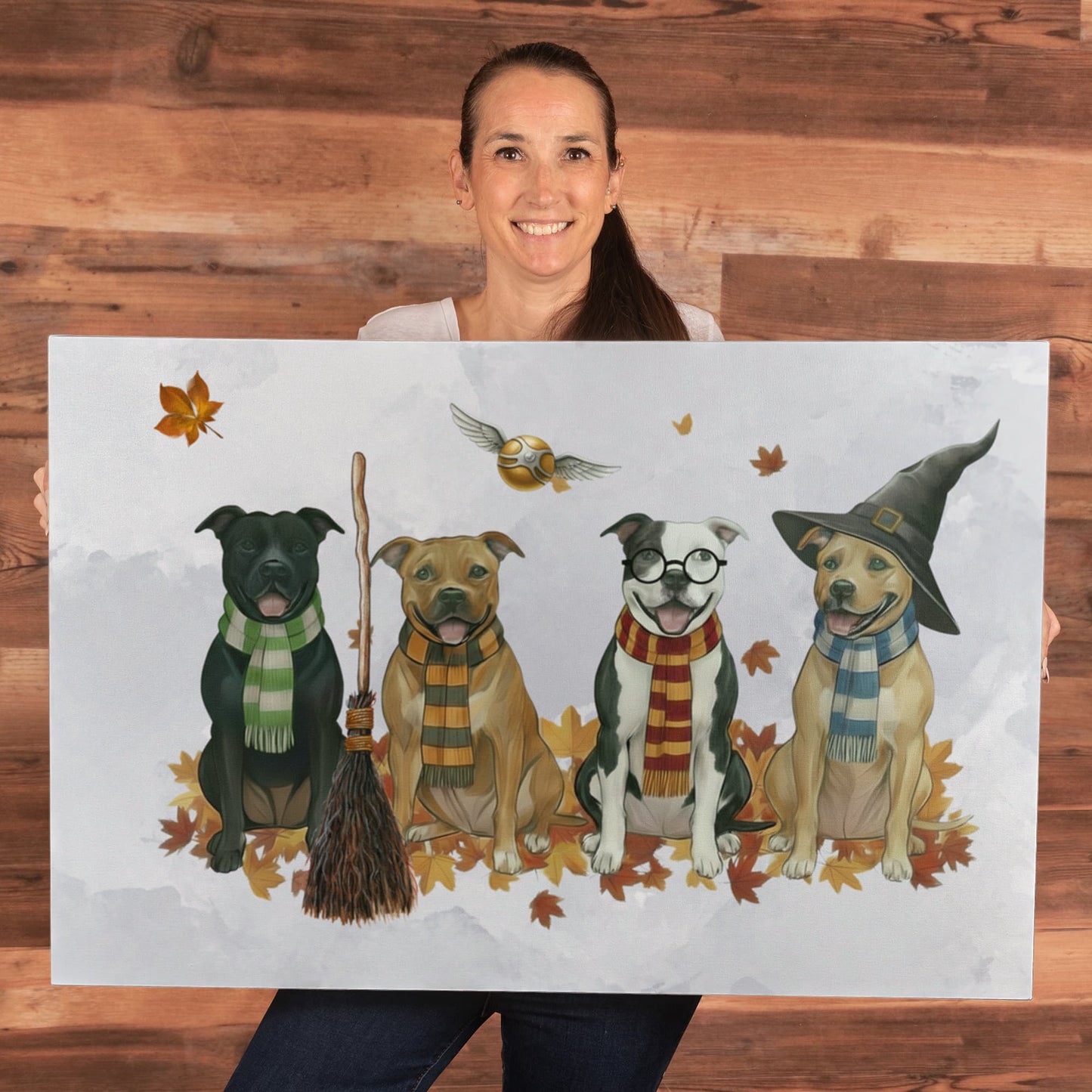 Pit Bull Wizards of Hogwarts Wall Art. Gryffindor, Slytherin, Hufflepuff, Ravenclaw pitbulls. Dog lover gift for Potter fans. Staffy dogs