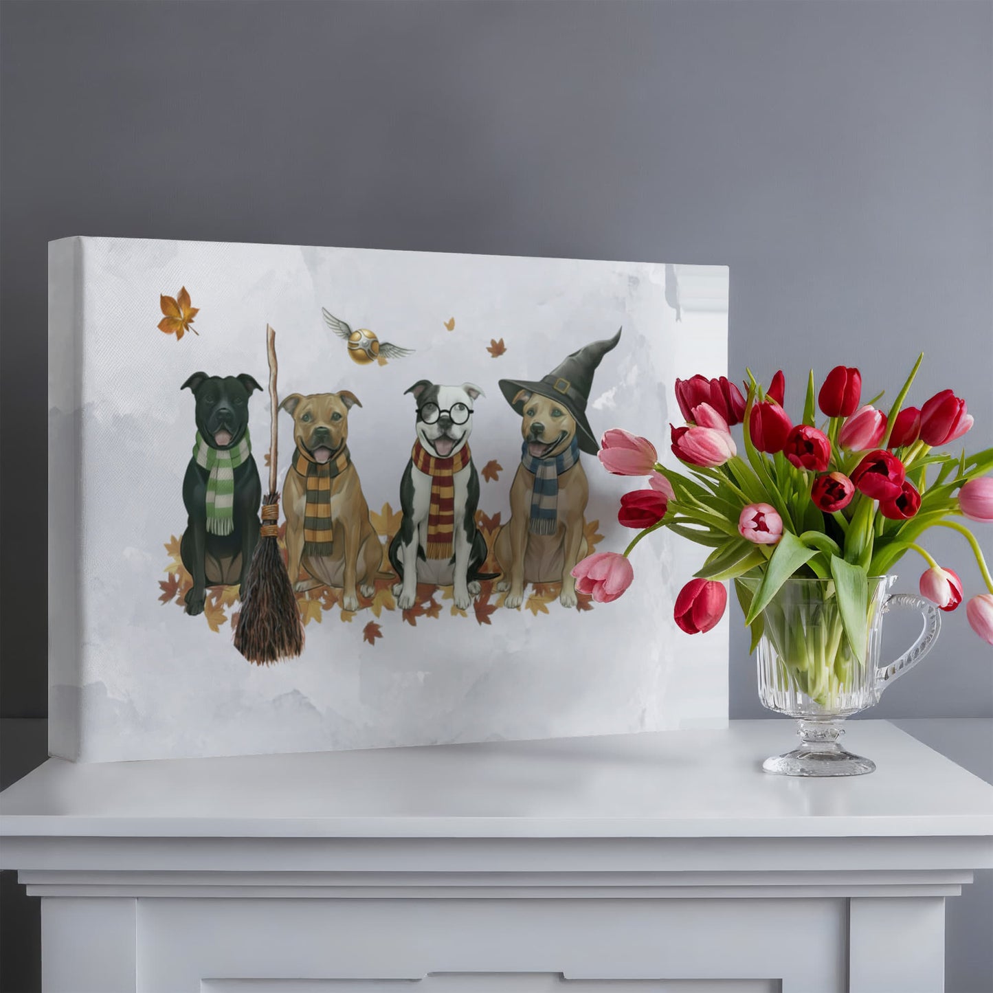 Pit Bull Wizards of Hogwarts Wall Art. Gryffindor, Slytherin, Hufflepuff, Ravenclaw pitbulls. Dog lover gift for Potter fans. Staffy dogs