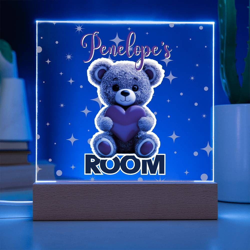 Custom Name Acrylic Room Sign with Light-Up Base. Raccoon, Fox, Teddy bear, Capybara or Opossum. Dorm or kid's room!