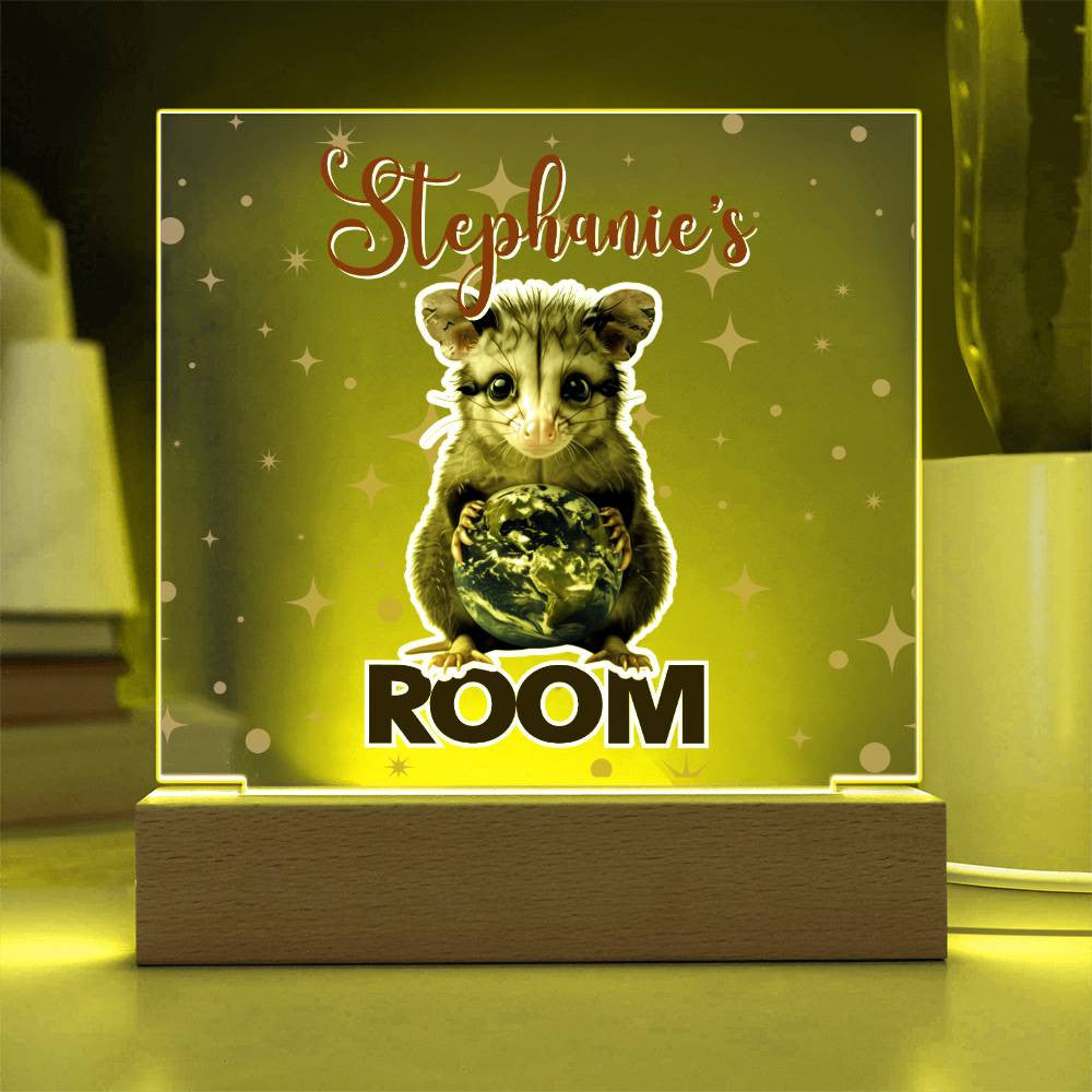 Custom Name Acrylic Room Sign with Light-Up Base. Raccoon, Fox, Teddy bear, Capybara or Opossum. Dorm or kid's room!