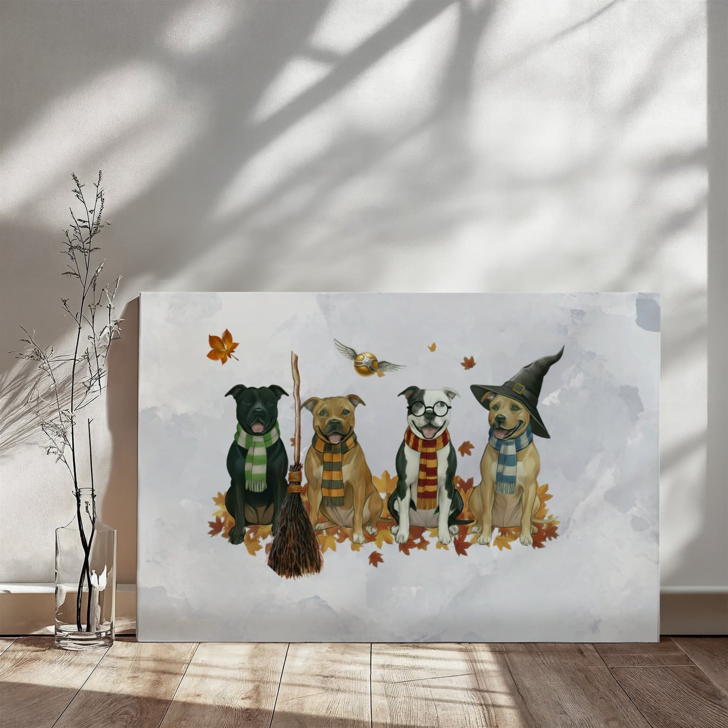 Pit Bull Wizards of Hogwarts Wall Art. Gryffindor, Slytherin, Hufflepuff, Ravenclaw pitbulls. Dog lover gift for Potter fans. Staffy dogs