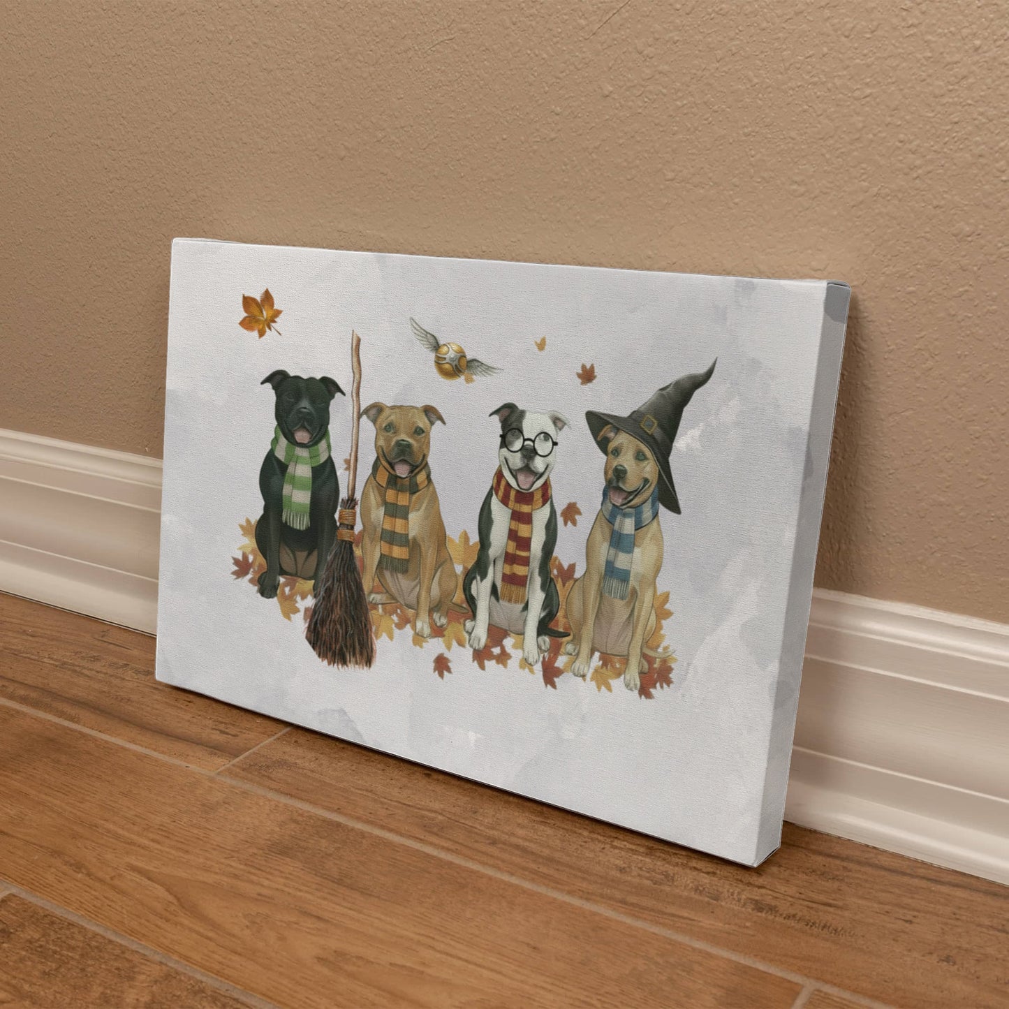 Pit Bull Wizards of Hogwarts Wall Art. Gryffindor, Slytherin, Hufflepuff, Ravenclaw pitbulls. Dog lover gift for Potter fans. Staffy dogs