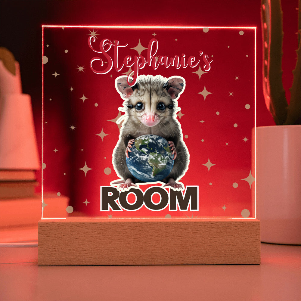 Custom Name Acrylic Room Sign with Light-Up Base. Raccoon, Fox, Teddy bear, Capybara or Opossum. Dorm or kid's room!