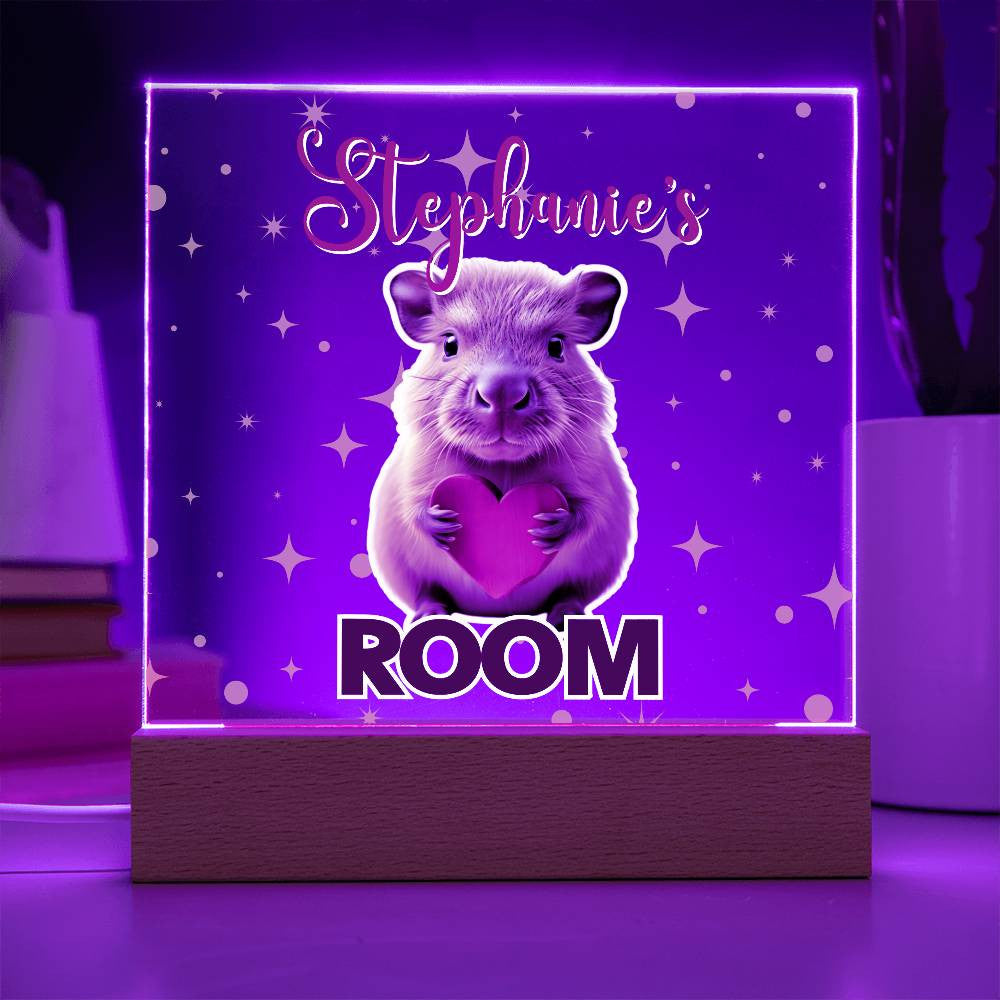 Custom Name Acrylic Room Sign with Light-Up Base. Raccoon, Fox, Teddy bear, Capybara or Opossum. Dorm or kid's room!