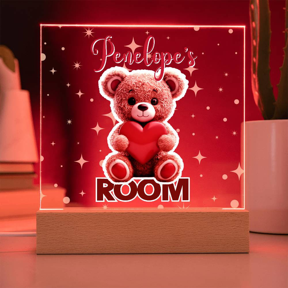 Custom Name Acrylic Room Sign with Light-Up Base. Raccoon, Fox, Teddy bear, Capybara or Opossum. Dorm or kid's room!