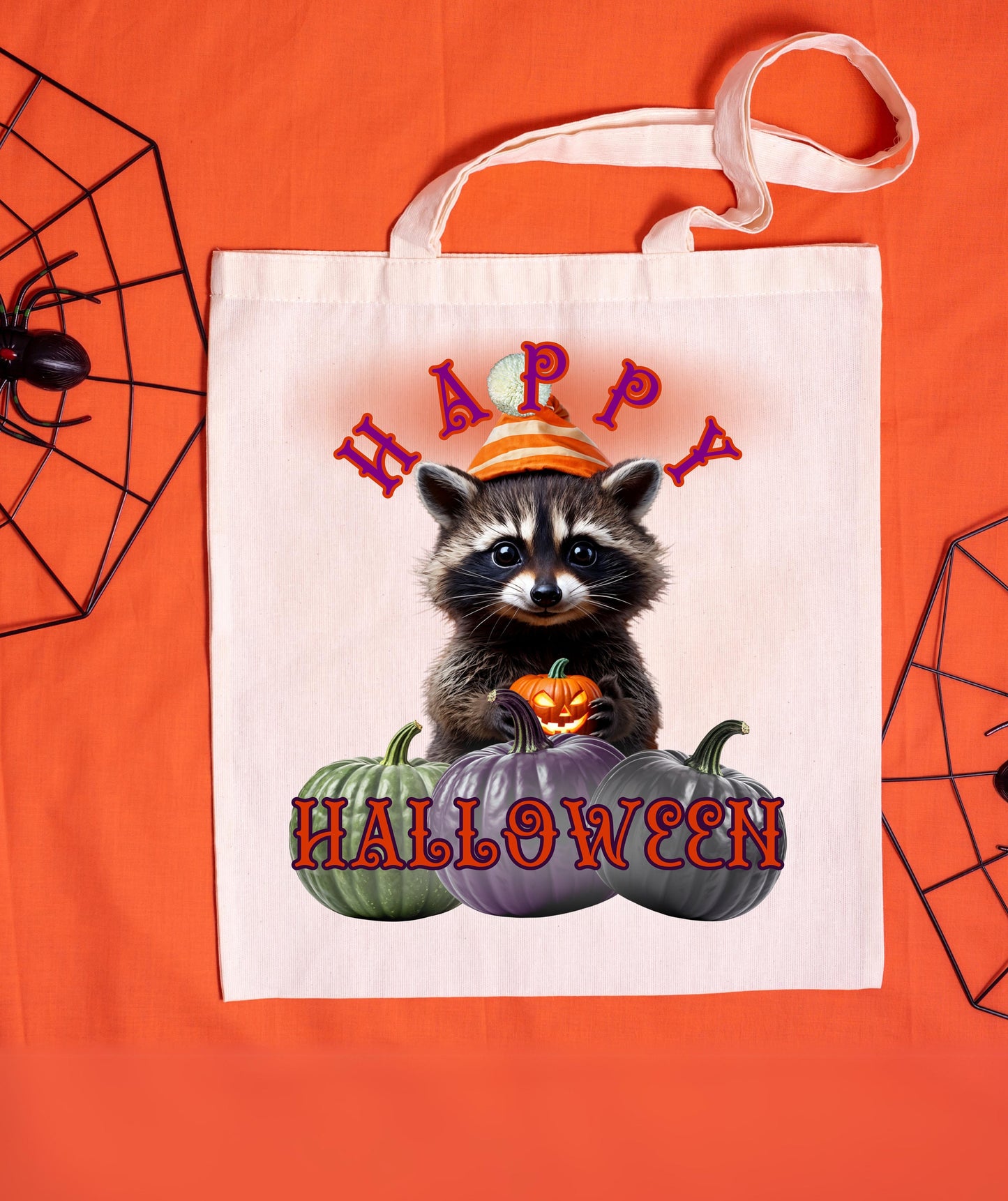 Happy Halloween Raccoon Pumpkin Candy Bandit Tote Bag, Trick or Treat Canvas Bag, Kids Candy Holder, Halloween Gift