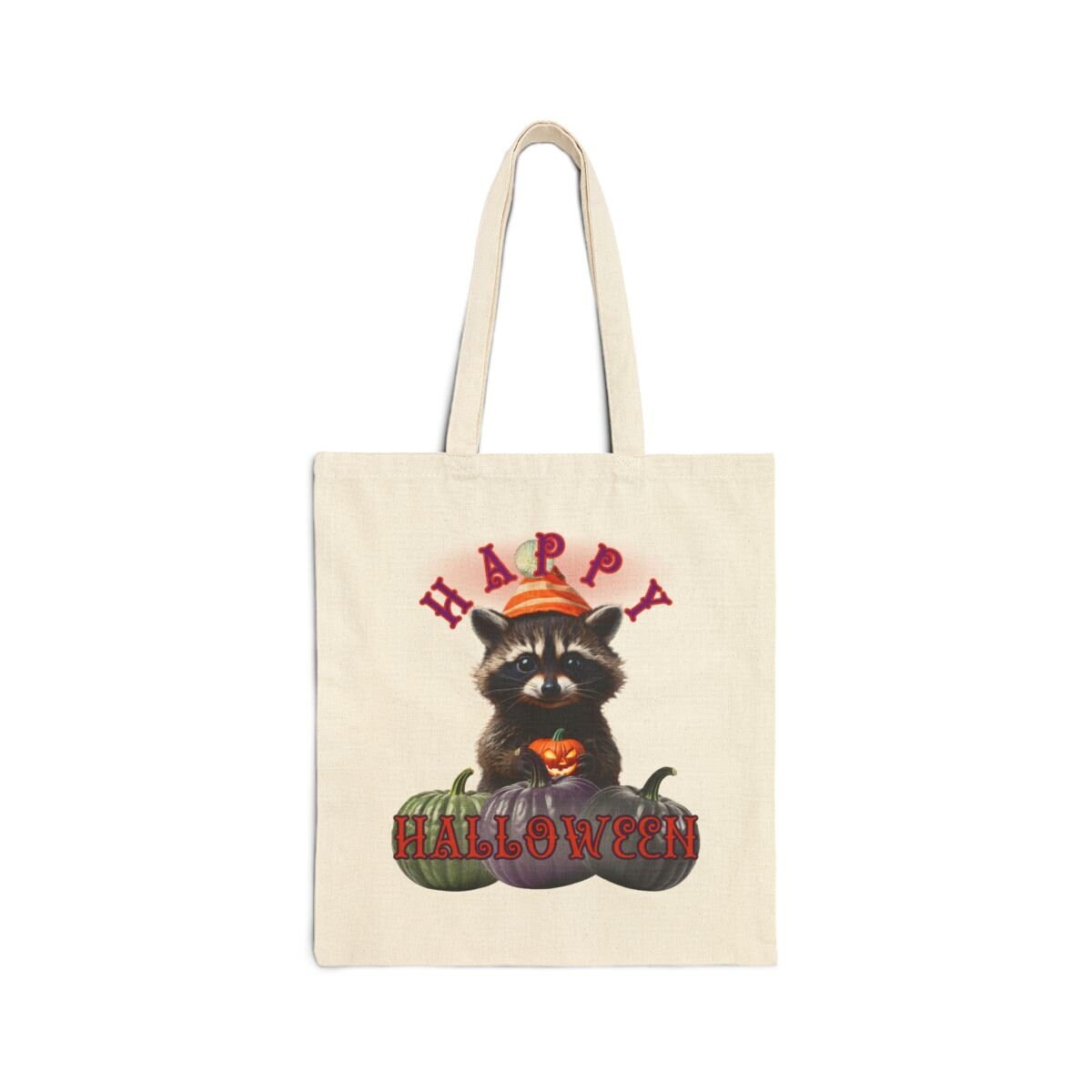 Happy Halloween Raccoon Pumpkin Candy Bandit Tote Bag, Trick or Treat Canvas Bag, Kids Candy Holder, Halloween Gift